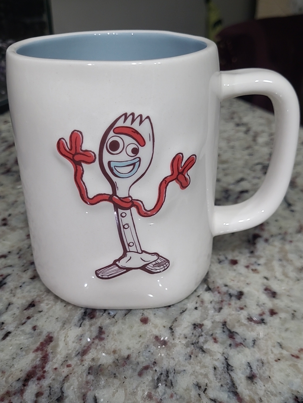 Rae Dunn White Mug with Light Blue Interior and Red Accents